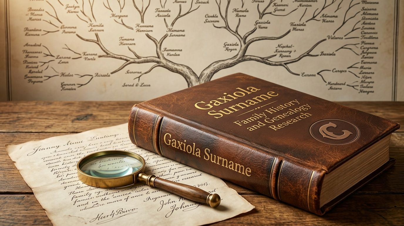 A leather-bound book titled Gaxiola Surname: Family History and Genealogy Research, with a magnifying glass and a handwritten letter, set before a hand-drawn family tree.